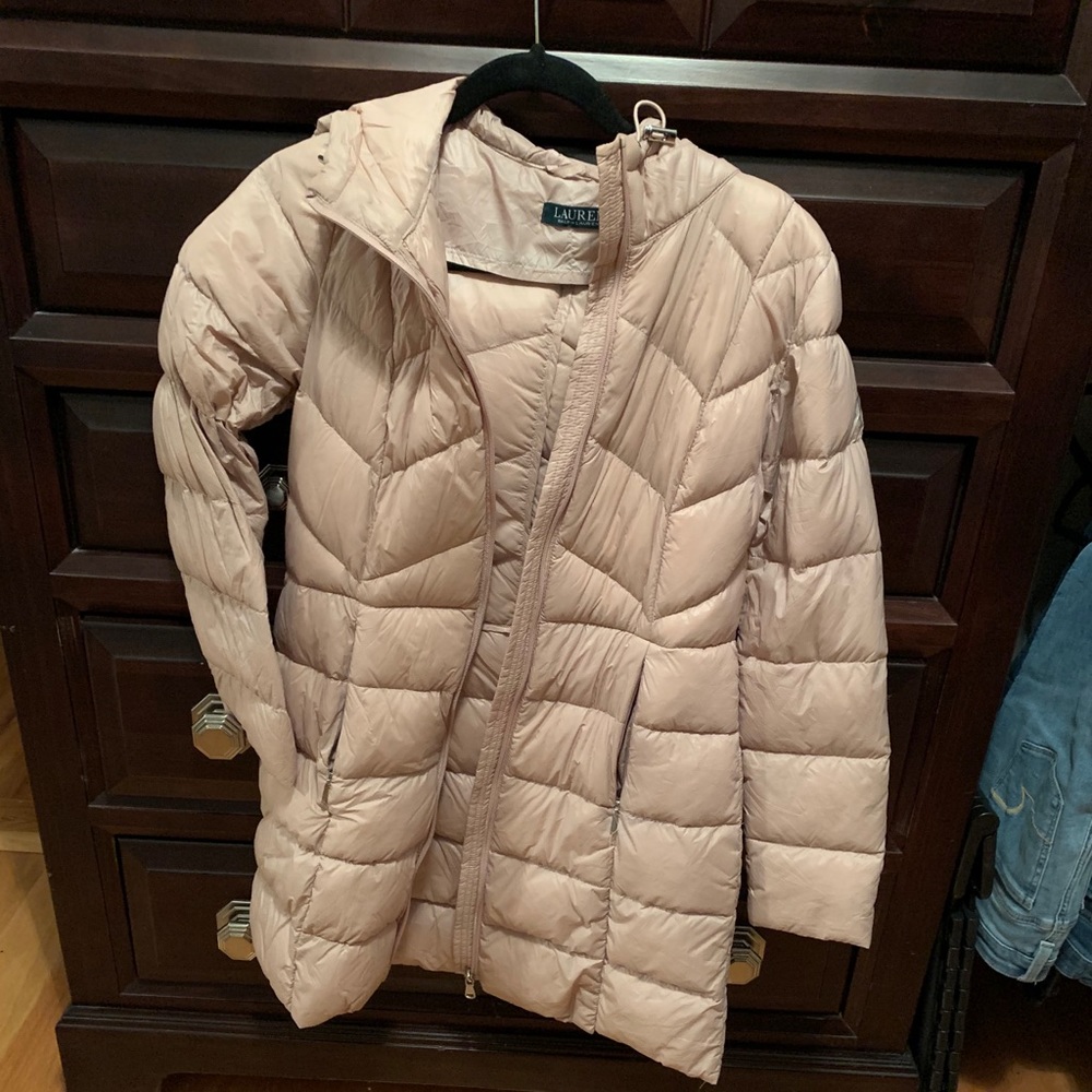 Blush pink mid length parka.